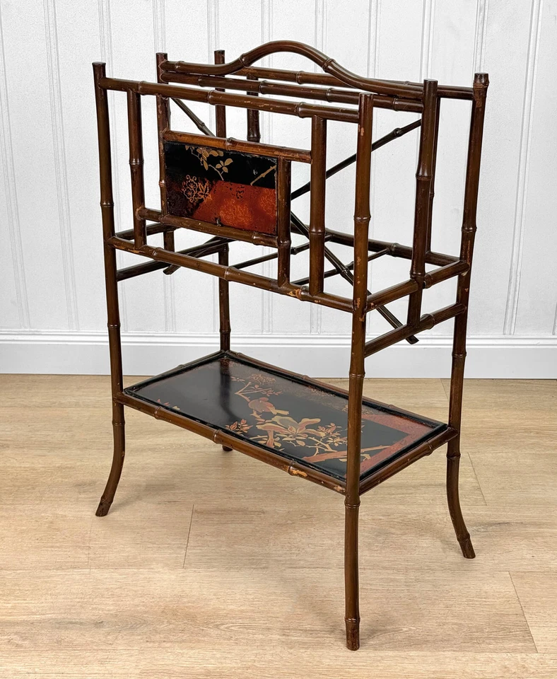 Vintage Chinese Chinoiserie Rattan Lacquered Magazine Record Stand - Image 4 of 4