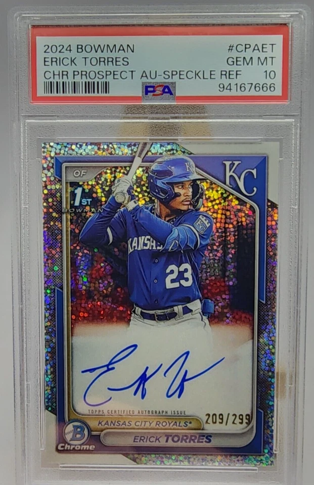 Erick Torres 2024 1st Bowman Chrome Prospect Speckle CPA-ET /299 Auto KC PSA 10 - Image 3 of 4