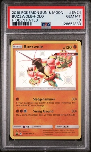 2019 POKEMON SUN & MOON HIDDEN FATES #SV24 BUZZWOLE-HOLO PSA 10