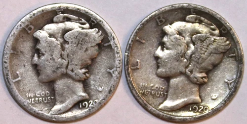 (2) Mercury Dimes - 1920P(VG/Fine) 1920S(Good) - #1613ED FREE SHIPPING