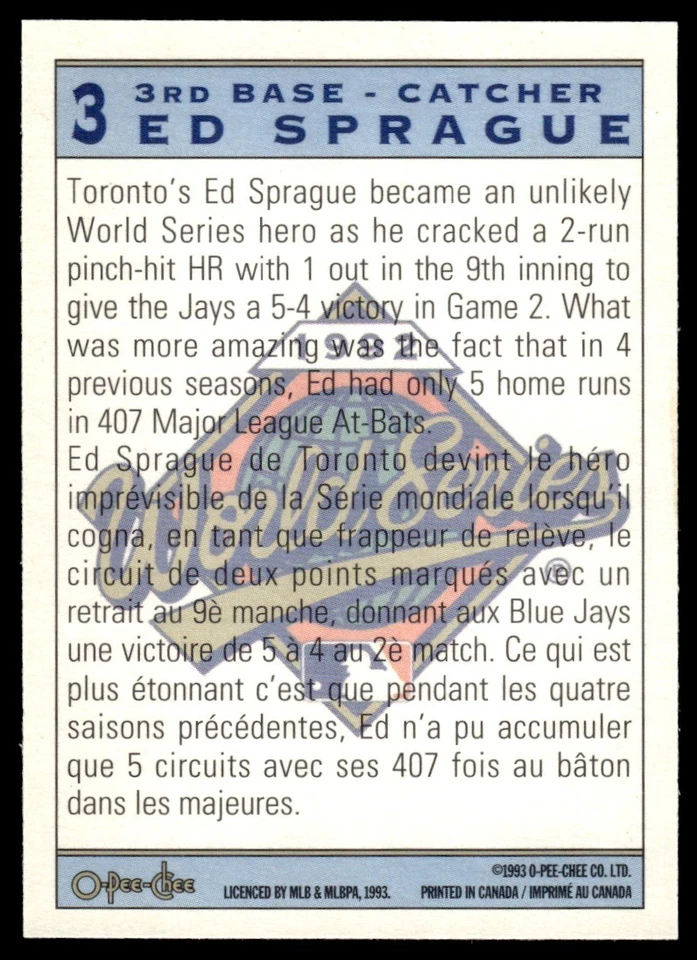 1993 O-Pee-Chee World Series Heroes Ed Sprague Toronto Blue Jays #3 - Image 2 of 2