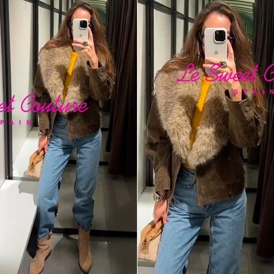 ZARA WOMAN FW25 KHAKI 100% SUEDE LEATHER JACKET WITH FUR 5761/783/505