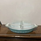 VTG Pyrex Turquoise Snowflake 1.5 Quart Divided Casserole Dish W/ Lid~Ex Cond.