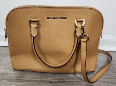 Michael Kors Cindy LG Tan Dome Satchel Bag Oyster Saffiano Leather