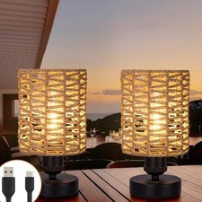 Cordless Outdoor Table Lamps, Small Rattan Boho, Rechargeable Battery Beige-B