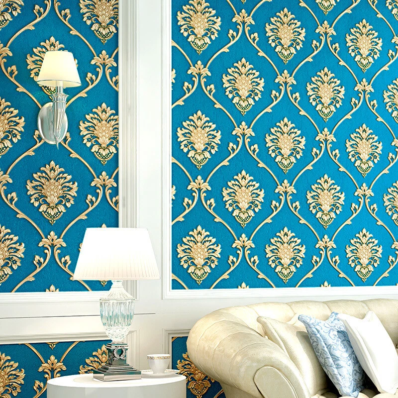 9.5M Damask Embossed Wallpapers No Glue Waterproof Background Wall Stickers Blue - Image 2 of 4
