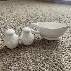 White Gravy Boat & Salt/Pepper Set, All Three with Embossed Accents.