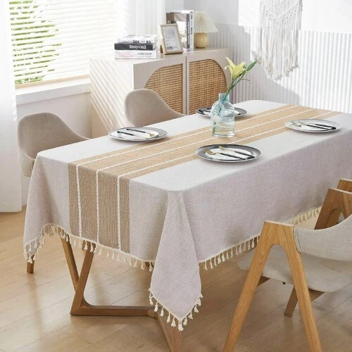 Cotton Linen Tablecloth Rectangular Tablecloth With Tassel Waterproof TableCover - Image 4 of 4