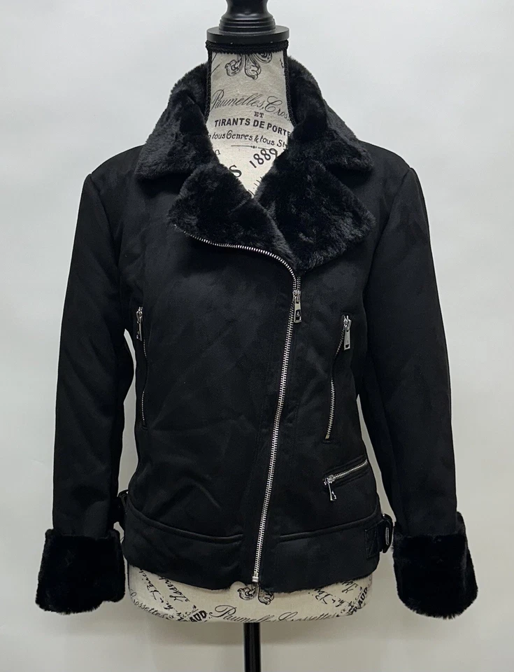 NUEVA Chaqueta Negra Lauren Ralph Lauren Para Mujer Imitación Piel de Oveja Moto Talla M Foto 2 de 4