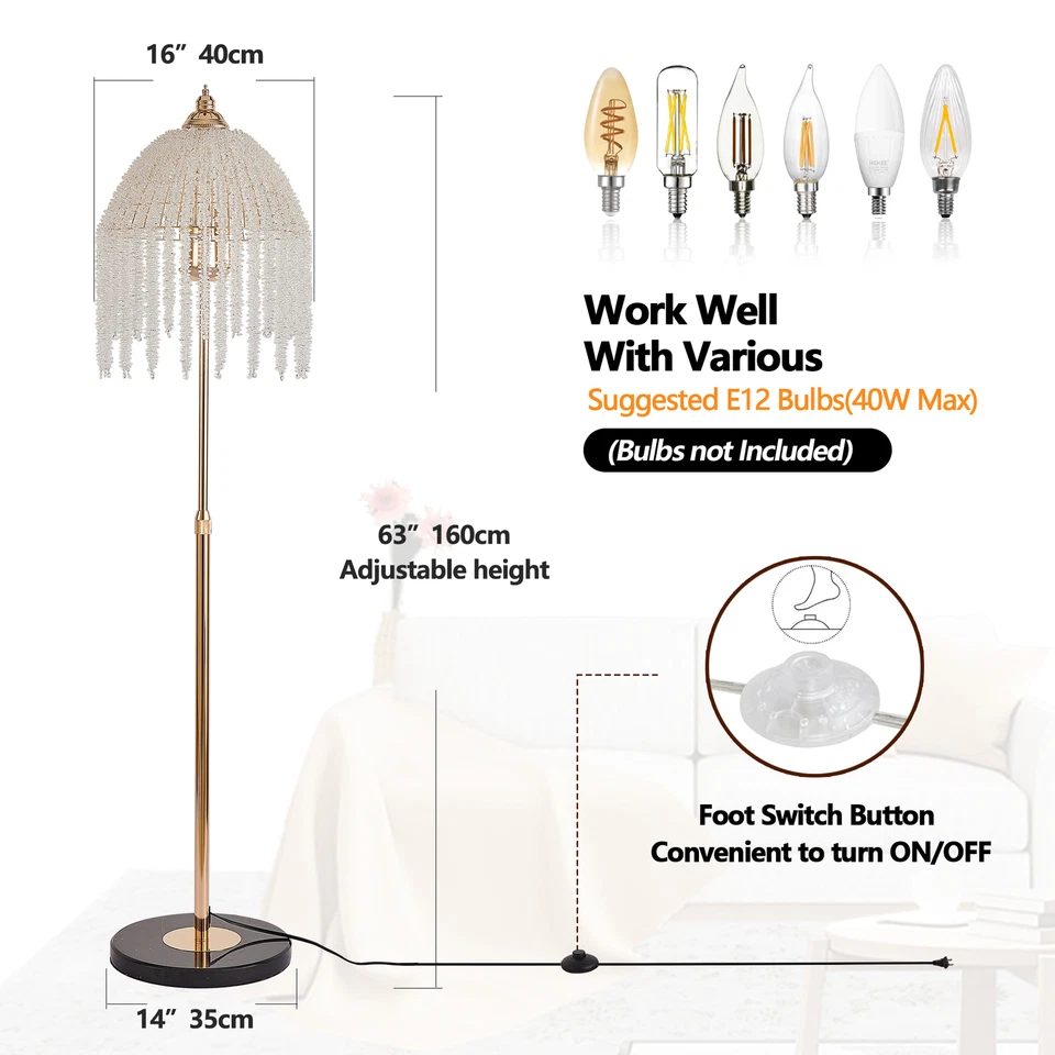 Crystal Floor Lamp Modern 63" Vintage LED Standing Lamp Gold 3 Light Living Room - Image 4 of 4