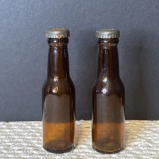 Vintage Brown/Amber Glass Muth Buffalo Salt and Pepper Shakers Beer Bottle 4"