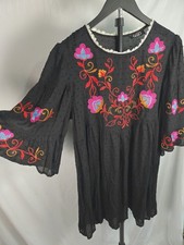 Black Floral Embroidered Babydoll Dress Bell Sz L Basque Waist Bell Sleeve Boho