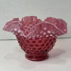 Fenton Cranberry Opalescent Hobnail Ruffled Bowl Vase 1940s