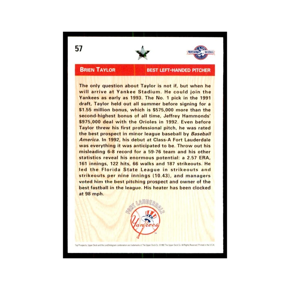 Brien Taylor 1992 Upper Deck Minor League #57 Baseball Cards Baseball Card NM - Image 2 of 3