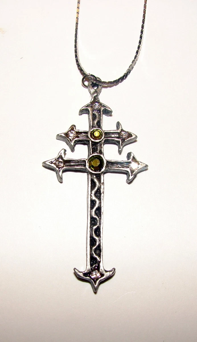 NEW PEWTER PATRIARCHAL CROSS OF LORRAINE PENDANT WITH CRYSTALS and 24