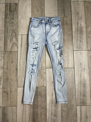 American Eagle Hi Rise Jegging Super Stretch Jeans Size 6 Blue Distressed 26X28