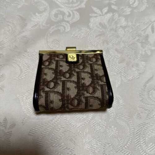 Christian Dior Trotter Canvas Leather Compact Wallet Coin Purse Brown 1007