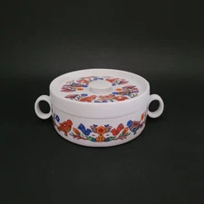 Vintage Porcelain Birds Flowers Individual Covered Dish w/ Handles Japan