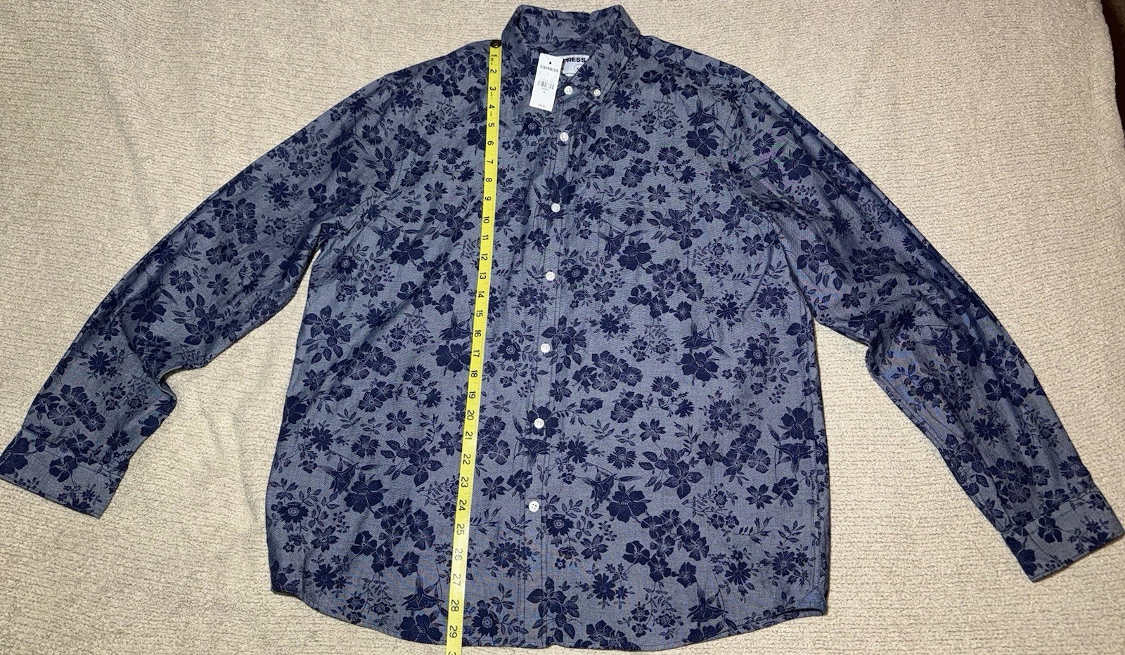 Express Button Up Shirt Mens Slim XL Floral Blue Long Sleeve Roses Flowers Tulip