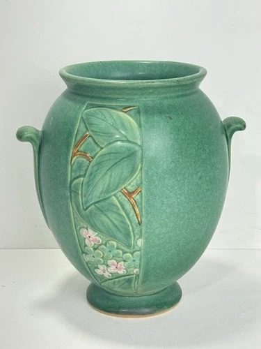 Weller Pottery Matte Green Velva Vase 7" Vintage Floral