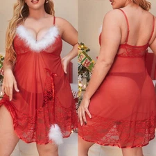 Plus Size Christmas Lingerie Women's Sexy Lace Chemise Lace Sheer Sleepwear Set