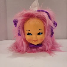 Vintage Furry Bright Pink 1970s Baby Doll Face Kleenex Tissue Box Cover 