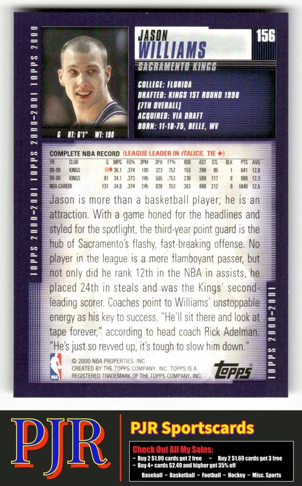 Jason Williams 2000-01 Topps #156 Sacramento Kings - Image 2 of 2