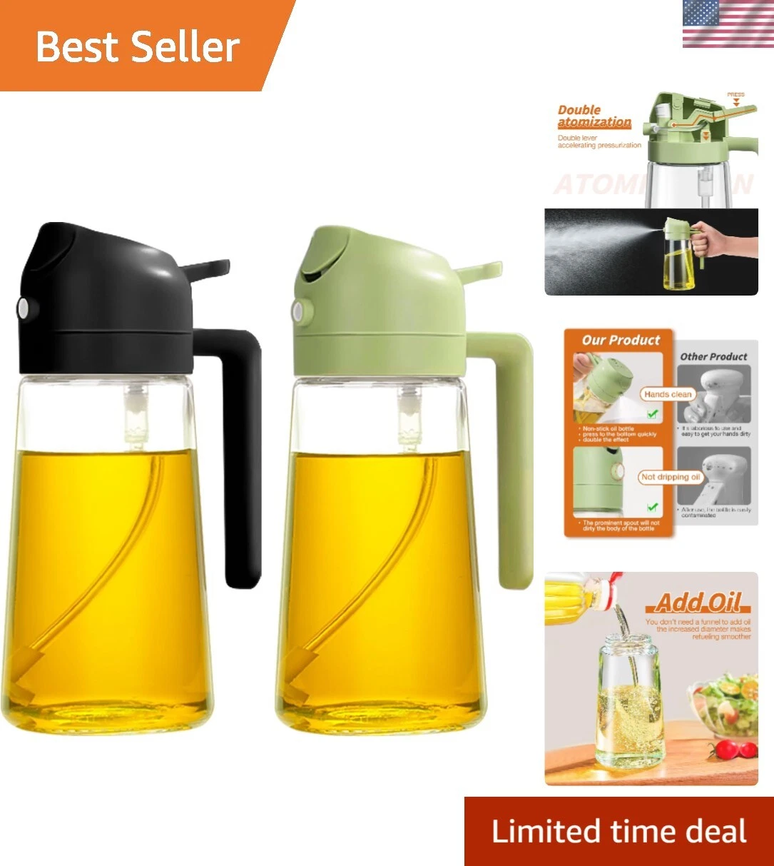 Refillable Oil Spray Bottle with Precise Control for Cooking, 2pcs Black & Green
