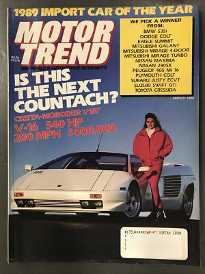 MOTOR TREND MAGAZINE-MARCH 1989-CIZETA MORODER V 16 T-PONTIAC TRANS AM/20 YEARS