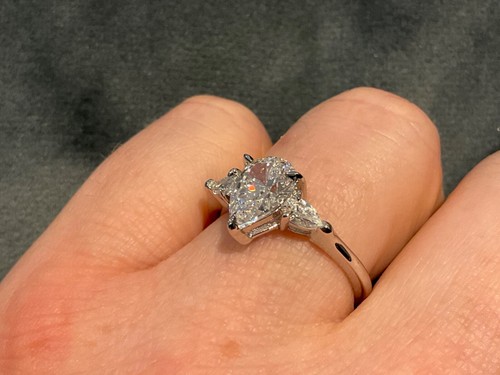 3.9 Carat Lab Created Diamond Pear Trilogy Ring With Platinum Plated 925 Size S - Picture 4 of 9