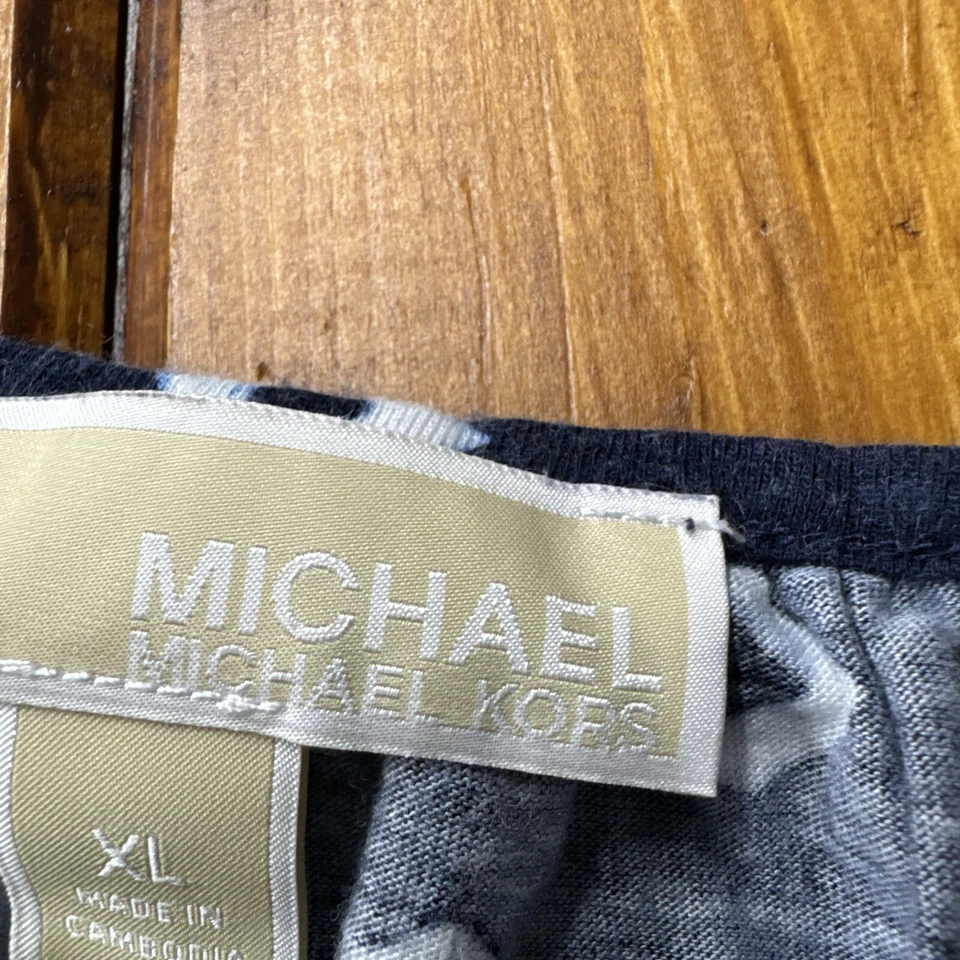 Blusa Michael Kors Top Mujer XL Azul Estampado Diamante Manga 3/4 Preppy Elastizada Foto 2 de 4