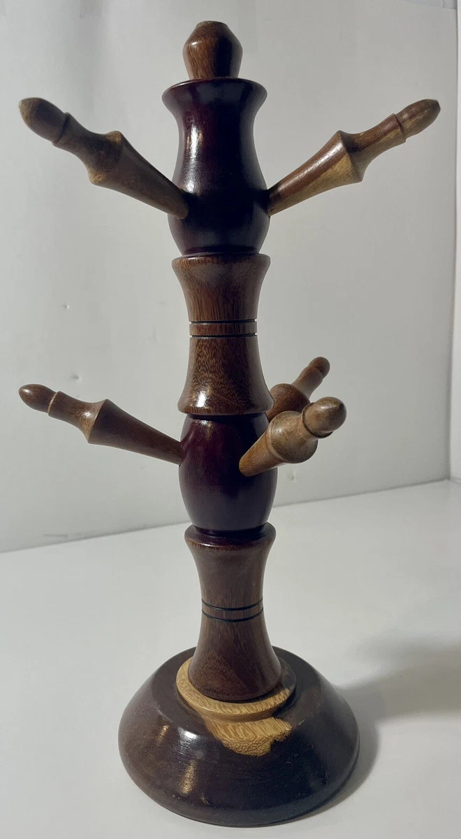 Oak Wooden Mug Tree Holder With 6 Coffee Tea Cups or Jewelry Vintage 14