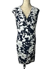 Lauren Ralph Lauren LRL Blue Floral Sheath Faux Wrap Dress sz 12 Ruched Stretch