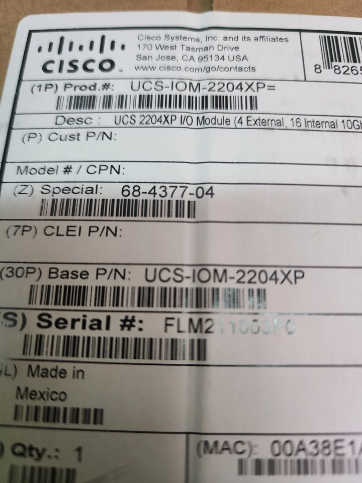 Cisco UCS-IOM-2204XP 68-4377-04  UCS 2204XP 4 PORT 10GB FABRIC EXTENDER NEW - Image 2 of 2