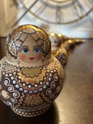 2001 Traditional Wood Burned Matryoshka Nesting Russian Dolls 10 Pc- 4.5 