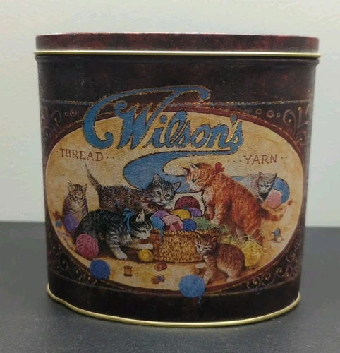 Vintage Wilson's Thread & Yarn With Tin Cats Playing 6"x6"x3.5"
