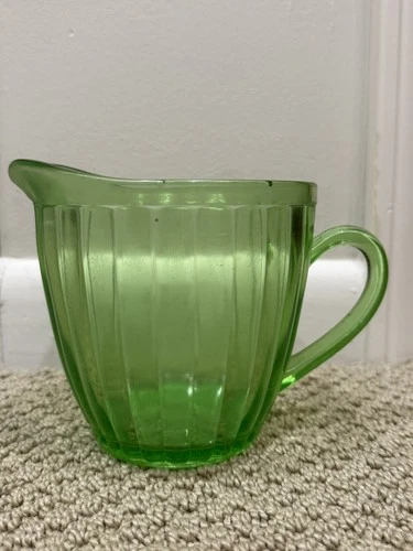VTG Ribbed Uranium Green Glass Pitcher Short 5 1/4" Fluted Floral Depression