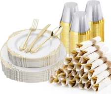 Gold Plastic Plates Set 175PCS - Disposable Party Dinnerware for 25 Guests