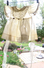 Vintage infant sheer pale yellow Nylon Dress long ties dotted swiss angel sleeve