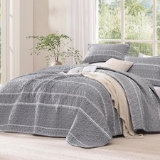 King Size Quilt Set Grey 3 Pieces Boho Lightweight Soft Striped Bedspread All