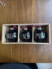 New In Box Set Of 3 Rae Dunn Bright, Noel, Merry Christmas Ornaments