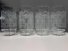 8 Vintage White Scroll Tumblers Anchor Hocking Water Glasses Circle Leaf Clear