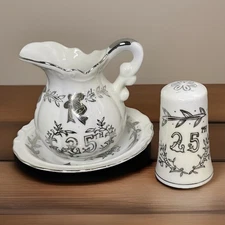 VINTAGE LEFTON Hand Painted 25TH ANNIVERSARY MINI WASH BASIN BOWL AND PITCHER