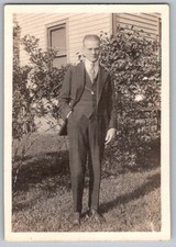 Vtg B&W Snapshot Man In Suit Near House Yard 1930s