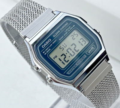 CASIO VINTAGE A158WEM-3DF UNISEX SILBER DIGITAL DUNKELGRÜN RETRO ZIFFERBLATT UHR *NEU