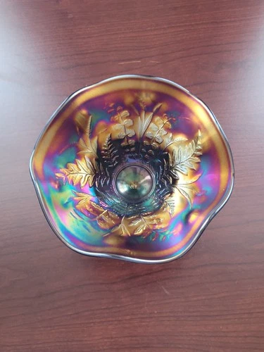 Super Purple Northwood Carnival Glass Fern Pattern Ruffled Compote