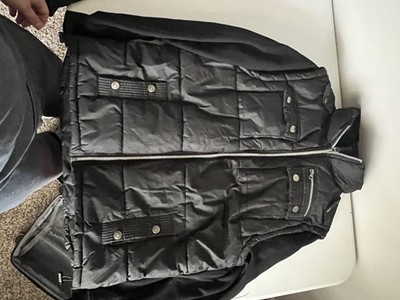 Research Black Hooded Zip Puffer Jacket Button Zipper Accent Men Mid-Length