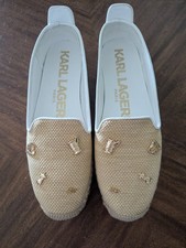 Karl Lagerfeld Paris Woven Espadrille Flats Beige/White, gold charms 8.5M,N no T