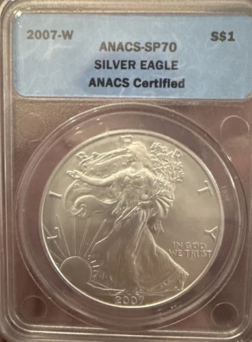2007-W AMERICAN EAGLE SILVER DOLLAR ANACS SP70 BURNISHED -Light Toning