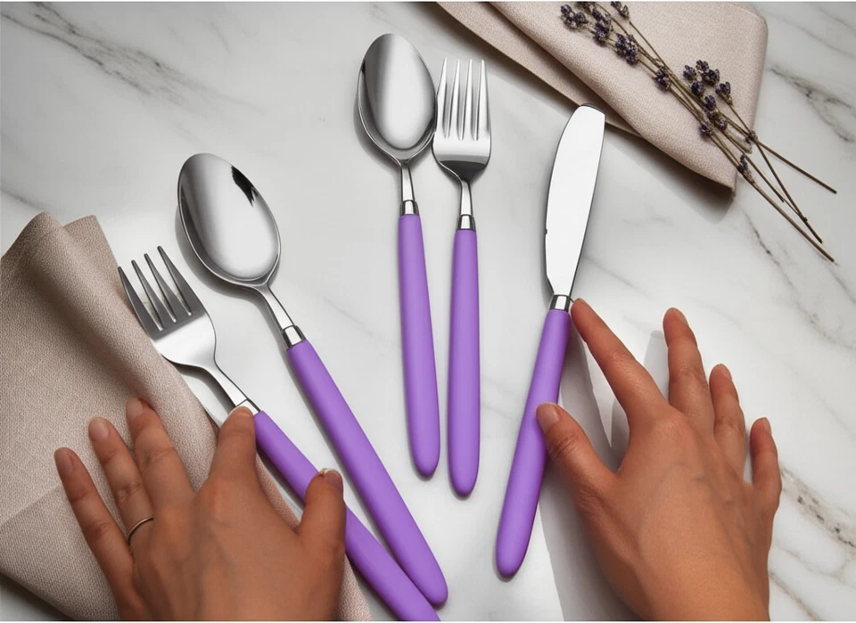 Juego de cubiertos 24 piezas en acero inoxidable, mango de plastico violeta - Imagen 2 de 4
